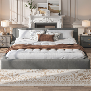 Sunvega Stylish Gray Upholstered King Bed with Faux Leather and Wood Frame