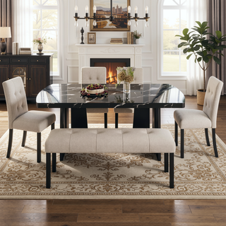 Sunvega Modern Tufted Linen Dining Bench with Black Rubber Wood Legs for Kitchen Entryway