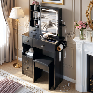 Sunvega Small Dressing Table with Sliding LED Mirror Tri-Color Light and Built-in Power Station