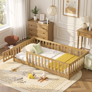 Sunvega Natural Rubber Wood Twin Size Floor Bed with Safety Guardrails and Door