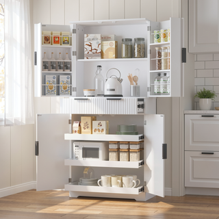 Sunvega Freestanding Fluted Kitchen Pantry Cabinet with 3 Keyboard Drawers and 6 Shelves