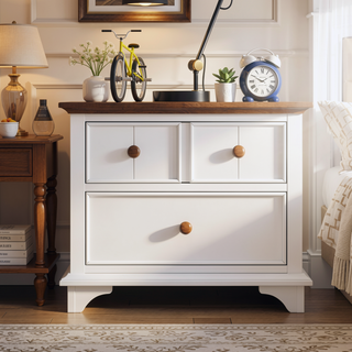 Sunvega Retro White and Walnut Wooden Seven-Drawer Dresser for Bedroom Storage