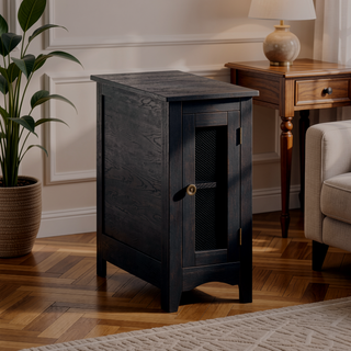 Sunvega Narrow Accent Side Table with Black Veneer Finish and Closed Cabinet Storage