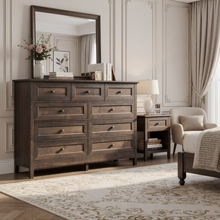 Sunvega White Wood Rustic Storage Dresser with 9 Silver Handle Drawers