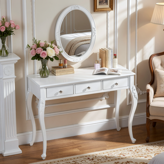 Sunvega Elegant Makeup Vanity Desk with Oval Mirror and 3 Drawers for Bedroom
