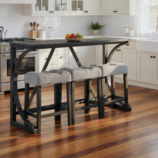 Sunvega 59 Inch Bar Table Set with Power Outlet and 3 Upholstered Stools for Living Room