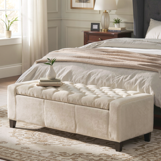 Sunvega Dark Blue Tufted Storage Ottoman with Removable Lid for Living Room