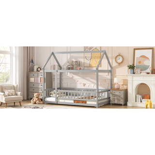 Sunvega Twin Size Wooden Floor Bed with Roof Frame and Safety Guardrails in Grey