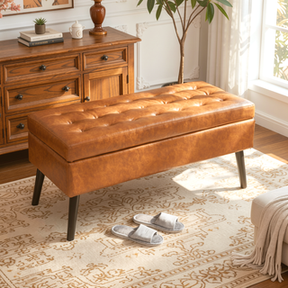 Sunvega Tufted Beige Storage Ottoman Bench with Safety Hinge for Bedroom