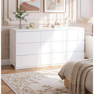 Sunvega Modern White 9 Drawer Storage Dresser with No Handles for Bedroom Living Room