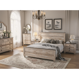 Sunvega White Wash Finish Queen Bedroom Set with Dresser Mirror and Nightstands