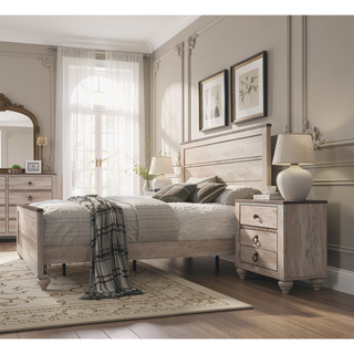 Sunvega White Wash Finish Queen Bed and Two Nightstands with Antique Walnut Trim
