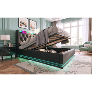 Sunvega Full Size Upholstered Bed with 360 LED Lighting Hydraulic Storage and USB Charging