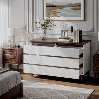 Sunvega Modern 5 Drawer Dresser with White & Walnut Finish for Bedroom