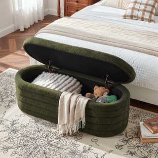 Sunvega Modern Oval Upholstered Boucle Teddy Fabric Storage Ottoman Bench with Safety Hinge