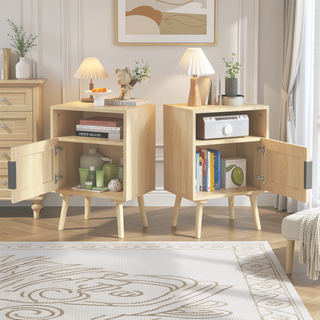 Sunvega Rattan Nightstand with Cane Decor Door and Open Shelf for Bedroom