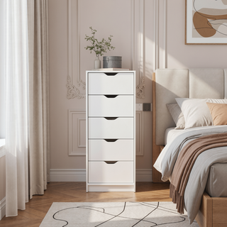 Sunvega Slim White 5-Drawer Storage Chest Dresser for Bedroom with Pull-Out Mechanism