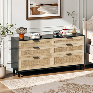 Sunvega 6 Drawer Rattan Dresser with Metal Handle and Wood Legs for Bedroom Storage
