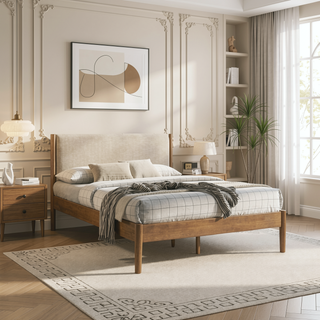 Sunvega 5-Piece Rubberwood Bedroom Set with Queen Bed Dresser Mirror Nightstand Chest