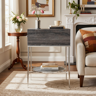 Sunvega Square Nightstand with Storage Drawer and Faux Marble Display Shelf