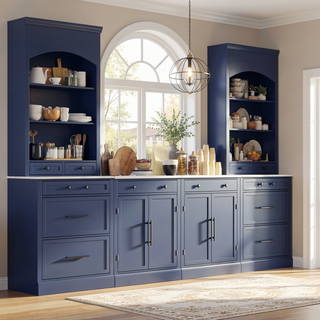 Sunvega Freestanding Tall Kitchen Pantry Cabinet with Faux Marble Top and 5 Storage Drawers
