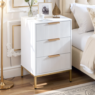 Sunvega Mid-Century Modern Nightstand with Wavy Drawer Panels and Gold Metal Accents