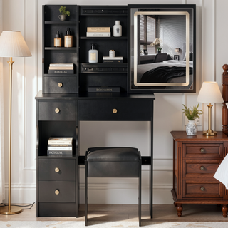 Sunvega Small Size Left Drawer Vanity Table with Adjustable LED Mirror and Stool