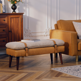 Sunvega Handwoven Cotton and Buffalo Hide Leather Bench with Belted Strap Design