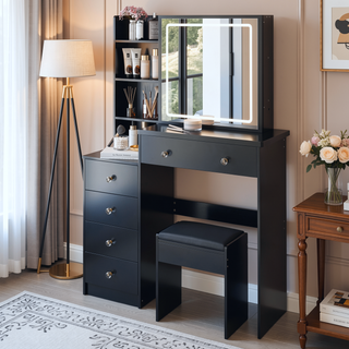 Sunvega 41 Inch Large Size Left Bedside Cabinet Vanity Table with Cushioned Stool