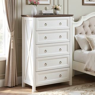 Sunvega Rustic Wooden Farmhouse 5 Drawer Dresser Chest with Metal Slides and Round Knobs