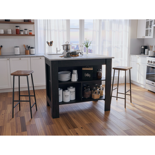 Sunvega Kitchen Island Table with Marble Finish and Three Storage Shelves