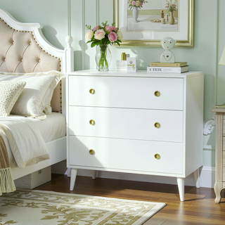 Sunvega Mid-Century Modern 3-Drawer Pine Wood Dresser with Antique Gold Pulls