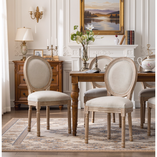Sunvega French Style Solid Wood Frame Linen Fabric Oval Back Dining Chairs Set of 2