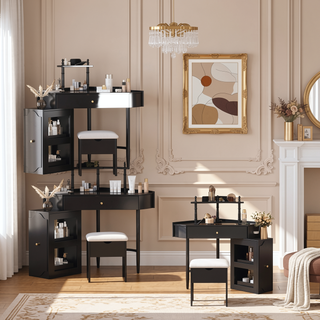 Sunvega Corner Vanity Desk Set with Storage Stool Charging Station and Glass Tabletop