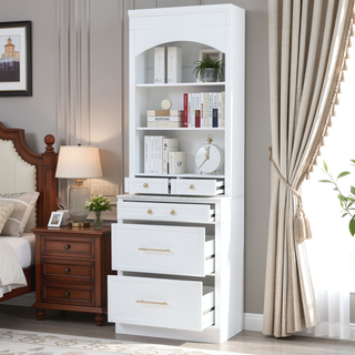 Sunvega Freestanding Tall Kitchen Pantry Cabinet with Faux Marble Top and 5 Storage Drawers