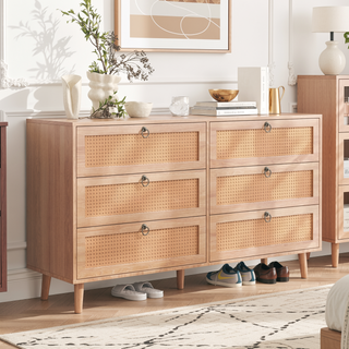 Sunvega Modern 6-Drawer Double Dresser with Rattan Drawers for Bedroom Storage