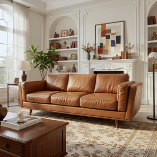 Sunvega Mid Century Modern Top Grain Leather Sofa with High Feet for Living Room