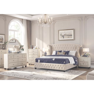 Sunvega Cream Velvet Upholstered Nightstand with Crystal Tufted Design and Two Drawers