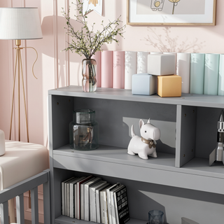 Sunvega Twin Floor Bed with Bedside Bookcase Guardrails and Shelves in Grey