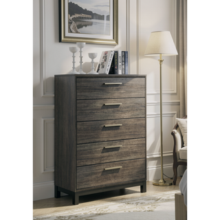 Sunvega Antique Grey Finish Wood King Bed Set with Dresser Mirror Nightstand Chest