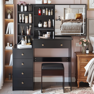 Sunvega 41 Inch Large Size Left Bedside Cabinet Vanity Table with Cushioned Stool
