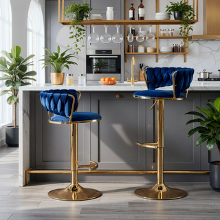 Sunvega Set of 2 Blue Velvet Swivel Bar Stools with Chrome Footrest and Adjustable Height