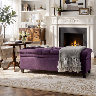 Sunvega Blue Fabric Storage Ottoman with Birch Legs for Living Room Seating