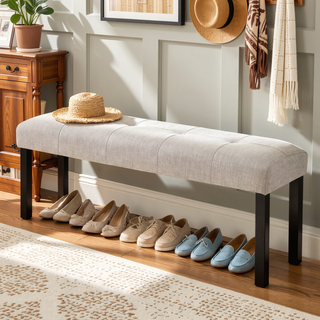 Sunvega Modern Tufted Linen Dining Bench with Black Rubber Wood Legs for Kitchen Entryway