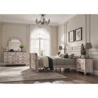 Sunvega White Wash Finish Queen Sleigh Bed Dresser Mirror Nightstand Chest Set