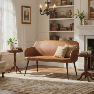 Sunvega Industrial High Back Bench in Black Steel and Camel Faux Leather