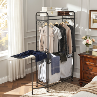 Sunvega Heavy Duty Metal Laundry Hamper Cart with Hanging Rail and Storage Shelf