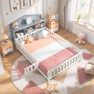 Sunvega Natural Wooden Montessori Floor Bed Frame with Fence and Door for Kids