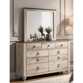 Sunvega White Wash Finish Queen Sleigh Bed Dresser Mirror and Nightstands Set