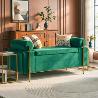 Sunvega Elegant Upholstered Linen Storage Bench with Cylindrical Arms and Iron Legs